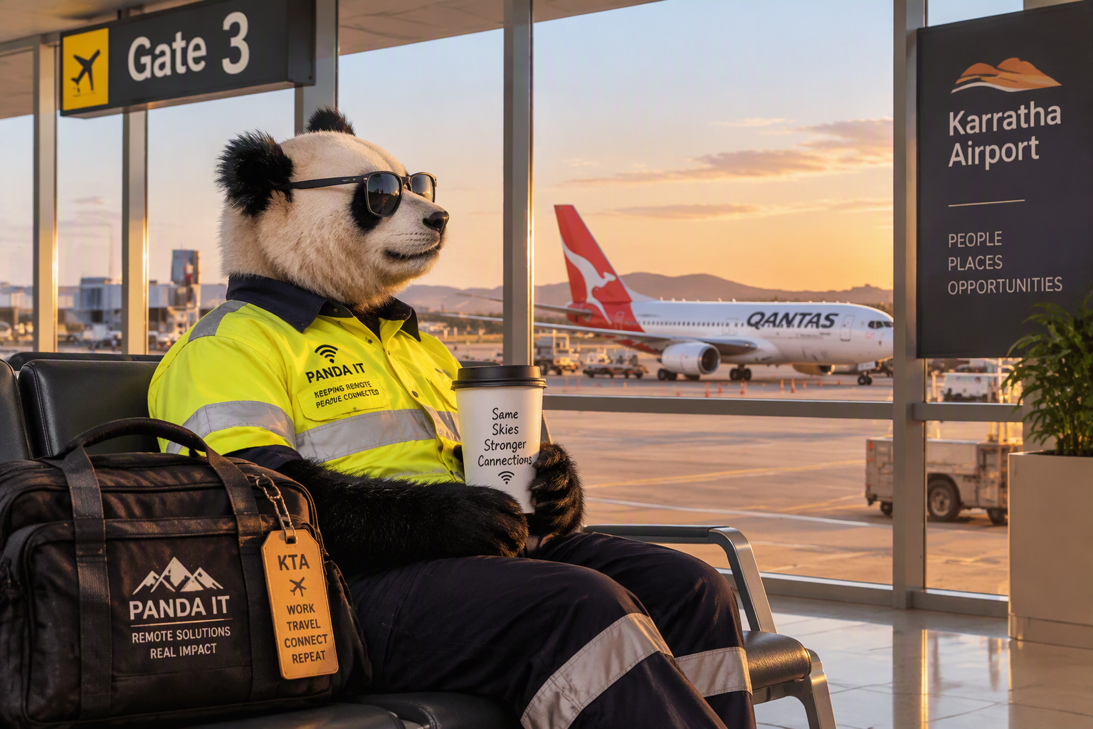 Panda IT mascot with work luggage at Karratha Airport