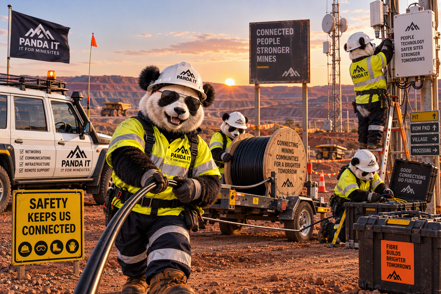 Panda IT mascots in high-vis installing fibre and communications equipment at a minesite