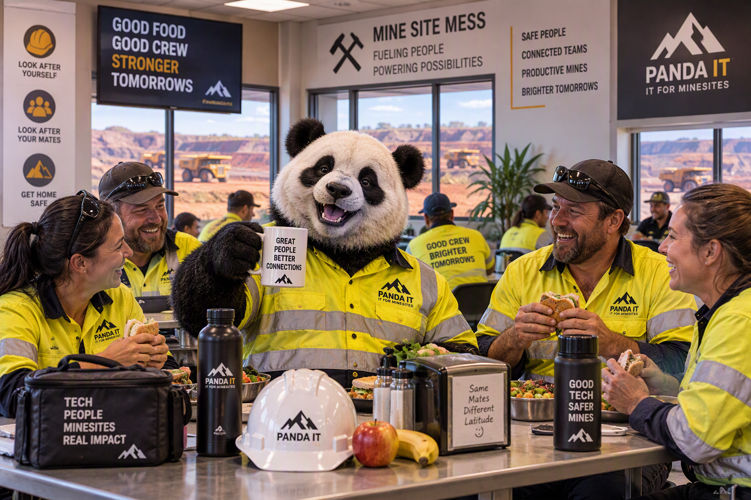 Panda IT mascot raising a coffee mug with mine site crew at a mess room table overlooking an open-cut pit